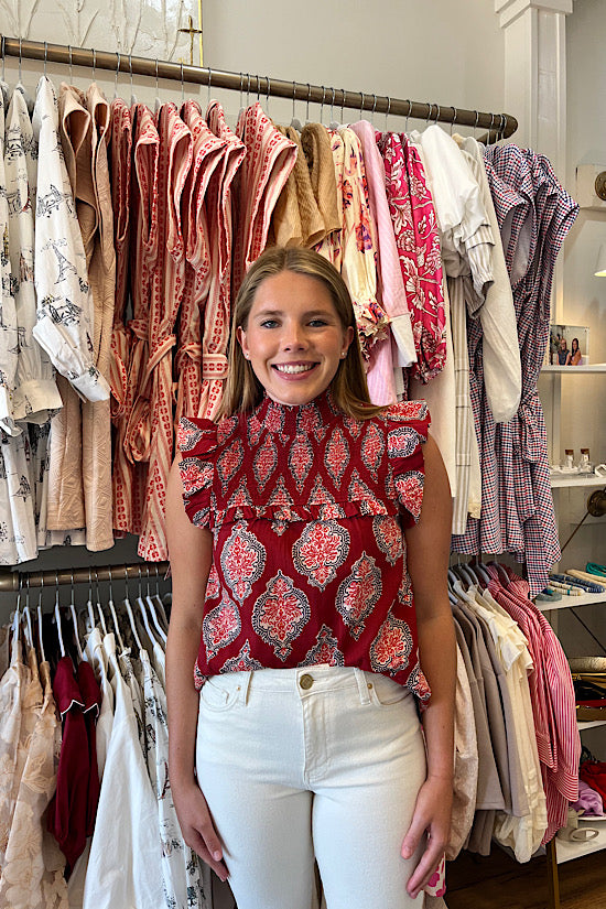 Red smocked top on sale