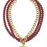 Gold Elephant Intaglio Necklace on Red Bead Necklace