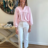 Pink and White Ruffle Neck Top