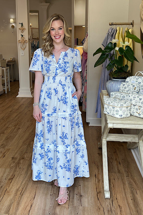 The Palmer Dress in White and Blue Floral