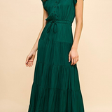 Satin Tiered Maxi Dress in Hunter Green