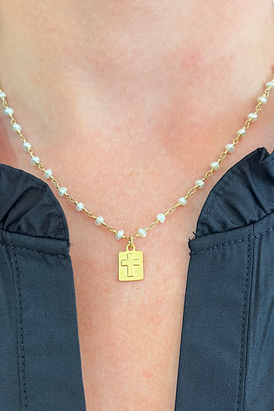 Mini Pearl Cross: Vermeil Cross Pendant