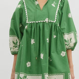 Green and White Floral Dress(E0)