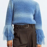 MB Fringed Sleeve Sweater in Light Blue