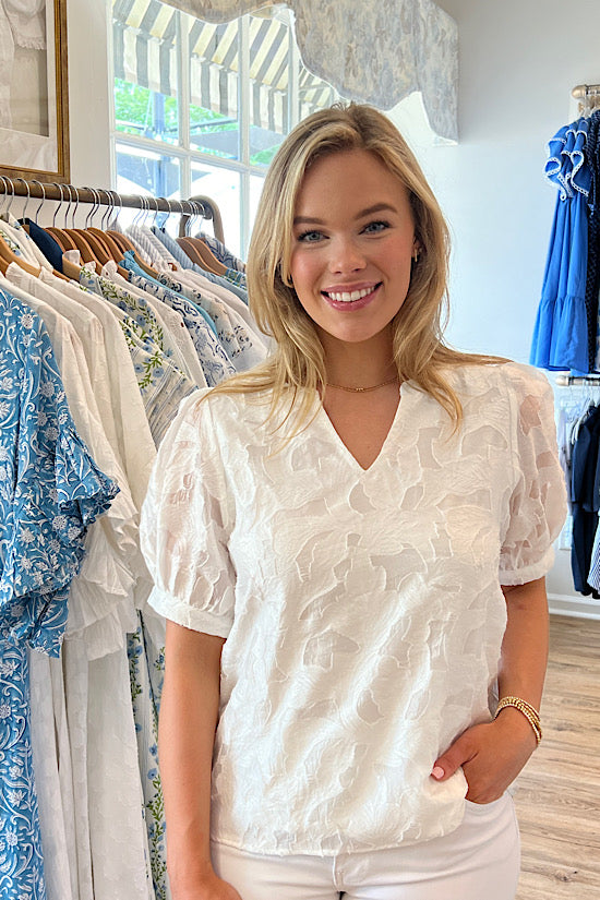 White Textured Floral Top