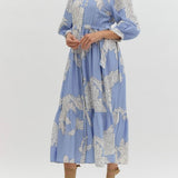 Blue Floral Print Midi with Scalloped Trim Detail (E0)