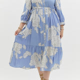 Blue Floral Print Midi with Scalloped Trim Detail (E0)