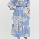 Blue Floral Print Midi with Scalloped Trim Detail (E0)